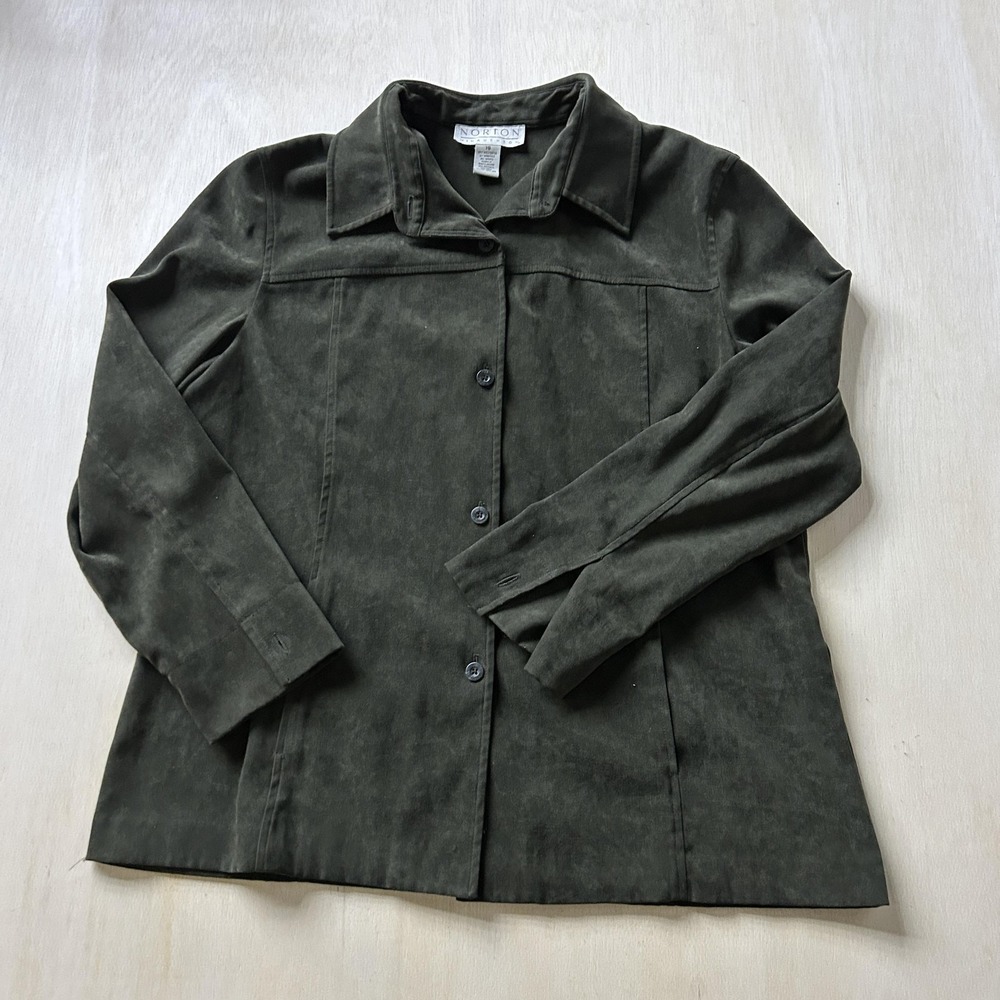 Norton McNaughton Jacket Womens 16 Green Microfiber Button Front Stretch Collar